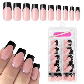 Goiern Pack of 120 Black French Press On Nails Square False Nails, French Tips Nail Press Nails Long Gel Shiny Sober Nails Artificial