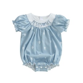 baorji Newborn Baby Girl Easter Outfit Jesus Loves Me Striped Bow Romper Sleeveless Onesie Ruffle Bodysuit Summer Clothes (Blue1, 6-12 Months)