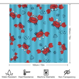 GemGam 4PCS Shower Curtain with Bathroom Sets and Rugs Decor Cute Red Crab Shower Curtain Sets with Non-Slip Rug Toilet Lid Cover U-Shaped Mat with Hooks Summer Animal 72"x72"