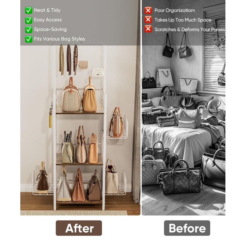 Tuohours 3-Tier Tall Purse Organizer Rack Stand, Floor-Standing Bag Storage