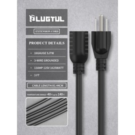 PLUGTUL 1 Foot Extension Cord Black, 2-Pack Short Power Cord, Indoor/Outdoor 16 Gauge 3 Prong Grounded Wire ETL Listed, 13A 1625W 125V SJTW