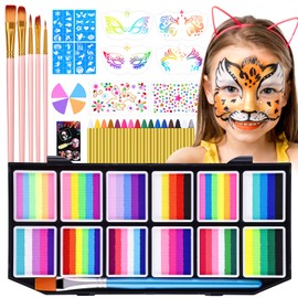 Professional 65 Colors Face Painting Kit for Kids & Adults, Non-Toxic Water Based Rainbow Split Cakes Face Paint Palette 12 x 10gm with Crayons, Stickers, Stencils, Sponges, Brushes, Gems