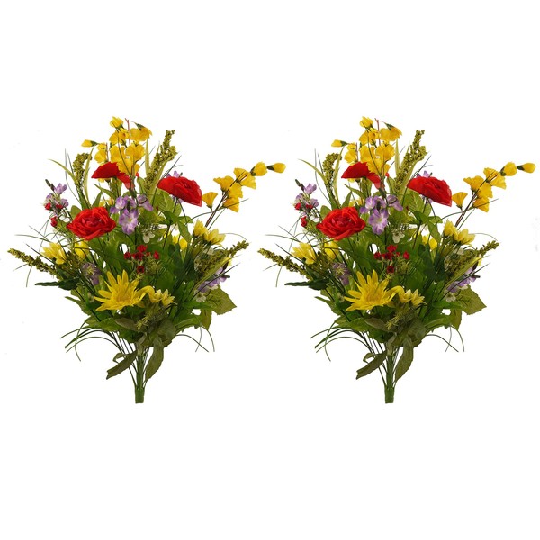 Admired By Nature GPB4328-YW/RD/PUR-2 Artificial Dahlia, Morning Glory and Ranunculus and Blossom Fillers Mixed Bush - 30 Stems, Set of 2,Yellow-red-Pruple-Dahlia