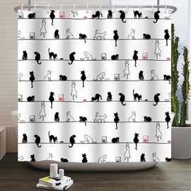Ttincceer 71x71inch Black White Cat Shower Curtain with Hook Cute Simple Kitten Bath Curtain Black White Animal Funny Pet Shower Curtains Waterproof Bathtub Curtain