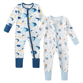OPAWO Unisex 2 Way Zipper Closure Footless, Rayon Made From Bamboo Baby Clothes Long Sleeve Baby Sleepsuits for Boys & Girls, Toddler's Pyjamas Onesie for Baby Grows (Stars/Astronauts,6-12 Months)