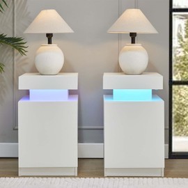 White Nightstands with Set of 2, LED End Table Set with One Storage Cabinet, Modern Bedside Table with Door for Bedroom