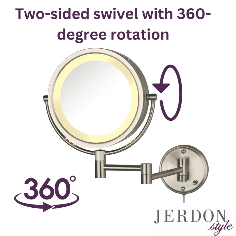 JERDON Wall-Mounted Makeup Mirror with LED Lighting - Lighted Makeup
