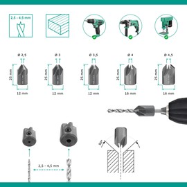ENT 26518 5-Piece Countersink Set HSS, Diameter (d) 2.5-4.5 mm, E 90°, in 0.5 mm Steps