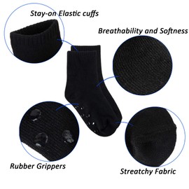 Tenpluszero 12 Pairs Non Slip Toddler Socks Crew Socks with Grips for Baby Boys Girls (Black, 2T/4T)