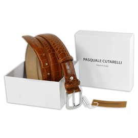 PASQUALE CUTARELLI Mens Crocodile Pattern Italian Leather Belt Dark Chestnut Small 34 Inches