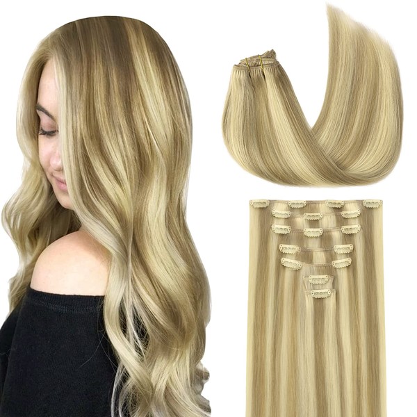 GOO GOO Real Hair Extensions, 7 Pieces, 120 g, 35 cm / 14 Inches, Clip-In Hair Extensions, Light Blonde, Highlighted Golden Blonde, Natural Remy Hair Extensions for Women, Straight, Soft Hair