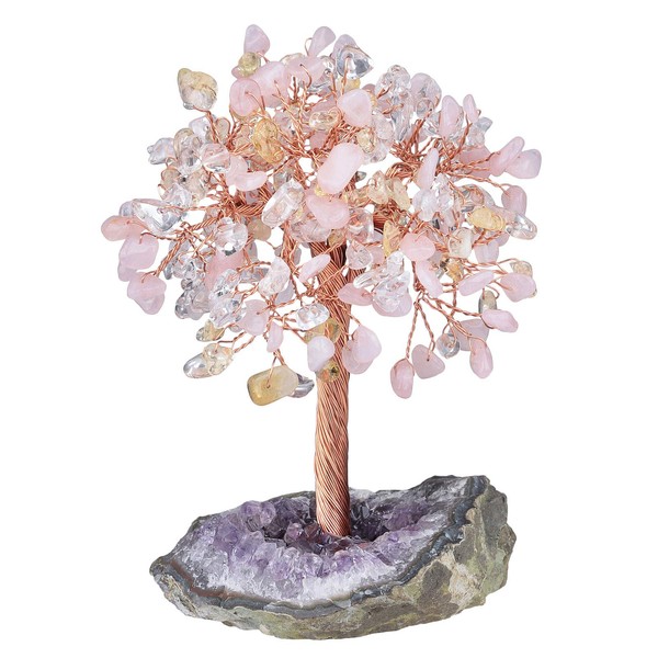 rockcloud Natural Rose Quartz & Critine & Rock Crystal Stone Money Tree with Amethyst Quartz Crystal Cluster Base Bonsai Tree Feng Shui Desk Decoration for Wealth and Luck 4.5"-6"
