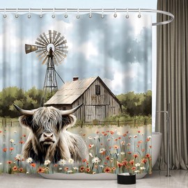 EUBTPA Highland Cow Shower Curtain Rustic Windmill Cabin Farmhouse Cows Flower Western Country Brown Longhorn Bull Fence Cattle Farm Animal Bath Decor Polyester Fabric Curtains 70X70 Inch