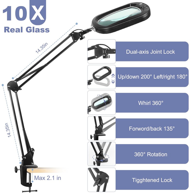 10X Large Magnifying Glass with Light and Clamp, Real Glass,