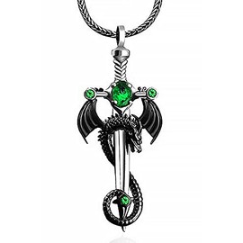 DGP Mens Sterling Silver Dragon Sword Pendant Necklace (Green), Sterling Silver, Silver