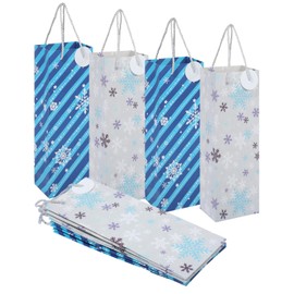Megitzuu 4 Packs Wine Gift Bag with Handle, Single Bottle Bags for Wine Kraft Paper Snowflake Wine Bottle Gifts Box with Gift Tags Reusable Gift Wrap Bags for Christmas Birthday Party