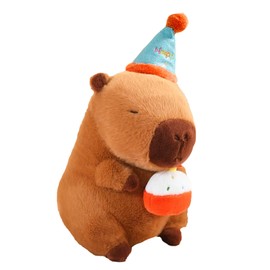 Karoeiwa Capybara Plush with Blue Birthday Hat Bow 9 inch Cute Capibara Stuffed Animal Party Decoration Soft Plushies Toys Kawaii Gifts for Kids Brown