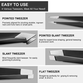 Tweezers Precision Set for Women and Men - 4 Pack Upmore Eyebrow Tweezers Set Professional for Ingrown Hair Facial Hair and Splinter Removal Premium Stainless Steel with Travel Leather Case (Black)