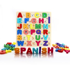 MAYAPHILOS Wooden Alphabet Puzzle, Learn Spanish Puzzles for Toddlers with 27 Spanish Letters, Colorful ABC Shape Puzzles for Kids, Preschool Educational Learning Toys for Girls and Boys