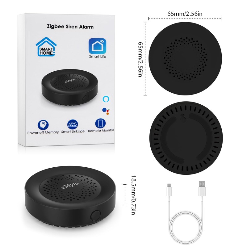 eMylo Zigbee Alarm, Black Alarm, TUYA/SmartLife APP Control, Sound and