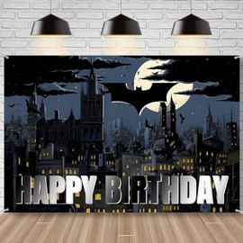 Superhero Bat Happy Birthday Backdrop, Hero Birthday Party Backdrop Banner 5 x 3FT, Bat Theme Party Background Photo Props Party Wall Decorations Supplies