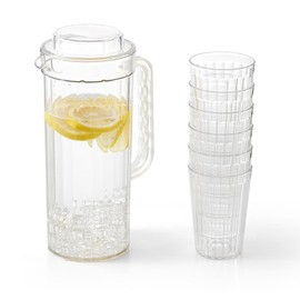 Blue Boat Plastic Picther (64oz) with 6 water cups, Clear Water Pitcher with Lid, Fridge Jug, BPA-Free, Shatter-Proof,BPA-Free, Great for Both Iced and Hot Drinks, Indoors and Outdoors