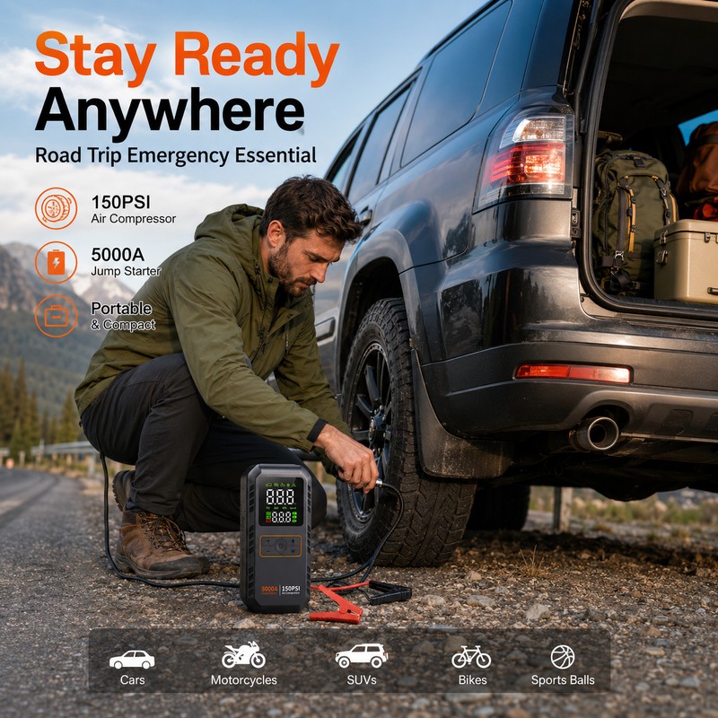 Portable Car Jump Starter with Air Compressor – 5000A Battery