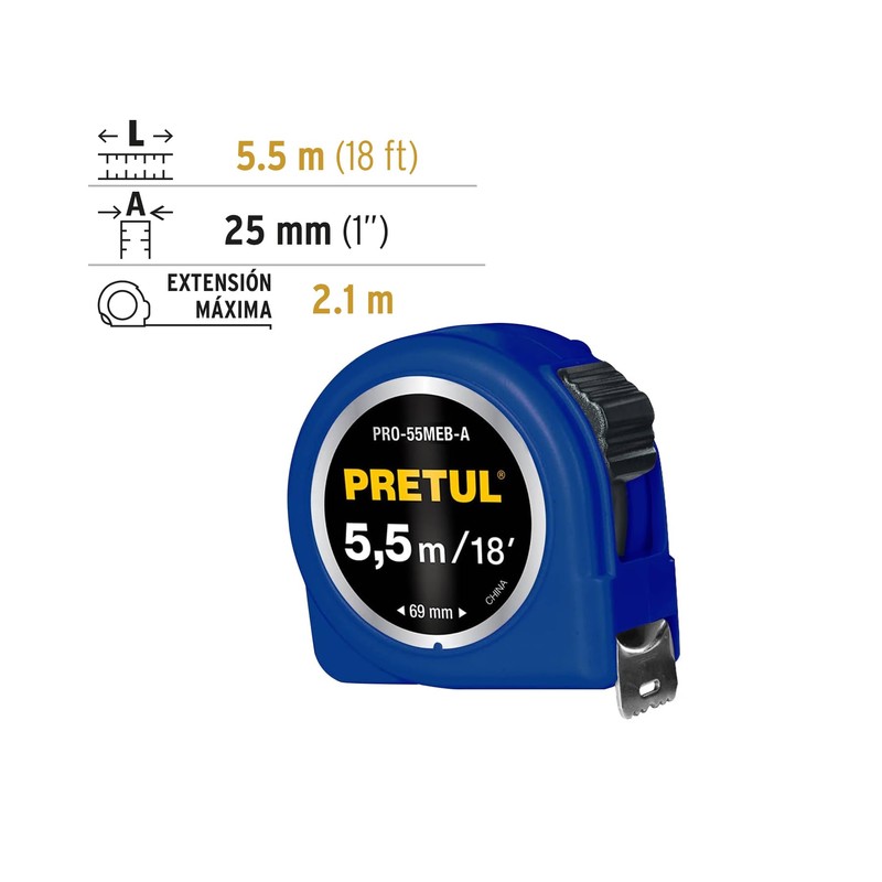 Pretul PRO-55MEB-A, Flexómetro azul 5.5 m cinta 25 mm, cubierta