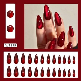 Red Press on Nails Medium Almond Fake Nails Red Cat Eyes Design Stick on Nails Glitter False Nails Handmade Full Cover Acrylic Glue on Nail for Women Nail Art Decoration 24Pcs