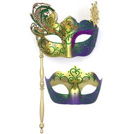 Gliquran His and Hers Mardi Gras Mask for Couples with Stick Rhinestone Metal Filigree Venetian Couple Masquerade Mask for Men Women