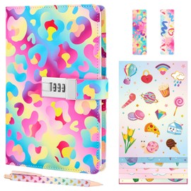 WERNNSAI Kids Diary Set, Girls Leopard Journal with Lock, Waterproof Leather Journal for Girls, Teen A5 Diary Gift Set with 6 Stickers, 1 Bookmark and 1 Writing Pen