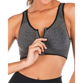 Women Zip Front Sports Bra Padded Workout Bras Wireless Post-Surgery Bra Racerback Yoga Sports Bras Grey