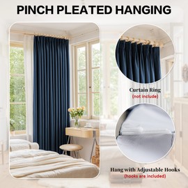 HUTO Full Blackout Pinch Pleat Curtain for Bedroom, Faux Linen Thermal Insulated Extra Wide Sunblock Drape with Tieback for Patio, Children's Room Denim Blue, 72 Inch Wide by 84 Inch Long, 1 Panel