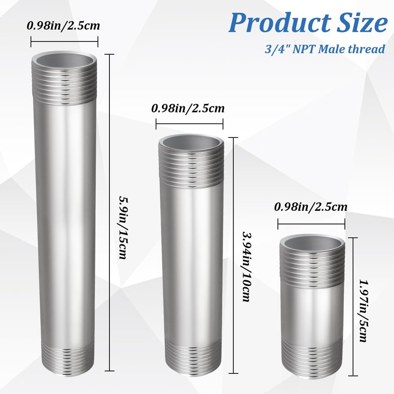 Dexspoeny 3Pcs 304 Stainless Steel Nipple Pipe Fittings 3/4" NPT