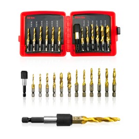 13 Pcs Titanium Combination Drill and Tap Bits Set, SAE/Metric Thread Tap Drill Bits Set for Drilling Deburring Tapping Countersinking, 3-in-1 Bit Tool with Quick Change Adapter