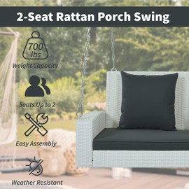 CITYLIGHT 2-Person Porch Swing with Hanging Chains,Outdoor Rattan Wicker Porch Swing Bench with Cushion/Pillow for Front Garden, Backyard, Pond, Heavy Duty 500 LBS (White Wicker, Gray Cushion)