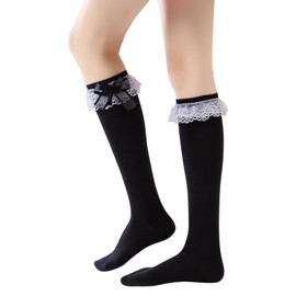 Lace Knee High Socks With Bows Ruffle Oktoberfest Long Tube Gothic Lolita Kawaii Calf Socks for Women Teen Girls (US, Alpha, One Size, Regular, Regular, black)