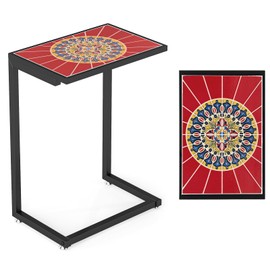 Tangkula C-Shaped Outdoor Side Table, w/Ceramic Top & Anti-Rust Metal Frame, Small Patio End Table for Couch, Sofa & Bed, Outdoor & Indoor Accent Furniture for Living Room, Poolside, Balcony (1, Red)
