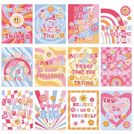 Nezyo 12 Pcs Retro Groovy Classroom Posters, Boho Hippie Flowers Bulletin Board Decor Educational Poster Mindset Posters for Nursery Bedroom School (Pink Groovy)