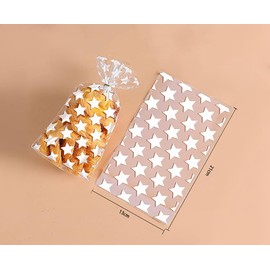 JHere 100 Pack Polka Dot Candy Bags with 100Pcs Gold Metallic Twist Ties, Clear Plastic Treat Bags for Cookie Candy Snack Gift Wrapping Party Favor - 5.1'' by 8.2'' by 1.5'' (White star)