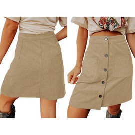 Women's Knee-Length Corduroy Skirt with Pockets, High Waist, Button Front, A-line Skirts, apricot