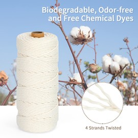Macrame Cord 3mm x 109Yards (328Feet), Natural Cotton Macrame Rope - 4 Strands Twisted Macrame Cotton Cord for Wall Hanging, Plant Hangers, Crafts, Gift Wrapping and Wedding Decorations, Light Yellow