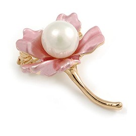 Avalaya Small Light Pink Enamel with Pearl Calla Lily Brooch in Gold Tone - 30mm Tall