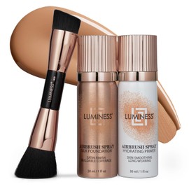 LUMINESS Silk Airbrush Spray Foundation 3-PC Kit - Foundation, Primer & Dual-Sided Angled Makeup Brush - Buildable Coverage, Anti-Aging Formula, Humidity Resistant, Hydrates & Moisturizes, Warm