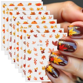8 Sheets Autumn Maple Leaves Nail Stickers for Nail Art Thanksgiving Pumpkins Nail Art Stickers Fall Fruit Ginkgo Leaf Nail Decals 3D Self-Adhesive Maple Leaf Nail Art Decals for Women Nail Art Design