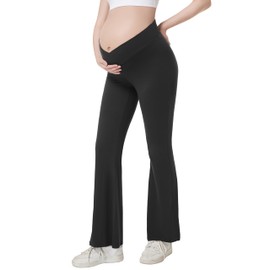 Foucome Maternity Flare Leggings Crossover Workout Yoga Pregnancy Pants Soft Stretchy Bootcut Bell Bottoms (Black, L)