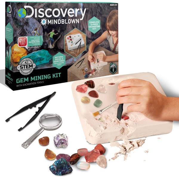 Discovery Kids Gemstone Excavation Kit, Chalk Exploration Block with 6 Semi Precious Minerals & Crystals