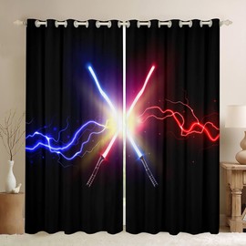 Castle Fairy Lightsaber Curtain for Bedroom,Blue Red Neon Lightning Sparkling Window Curtain for Girls Teens,Boys Games Starry Galaxy Black Decor Microfiber Window Treatment, 42Wx84L inch