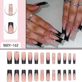 Press on Nails Medium Silver Butterfly Glitter False Nails Artificial Diamonds Full Cover Nails Acrylic Coffin Nails Reusable Glue on Nails DIY Stick on Nails for Women 24Pcs