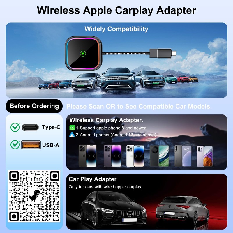 CYIAMJLU 2-in-1 Carplay Wireless Adapter with Fast, Convert Wired Android